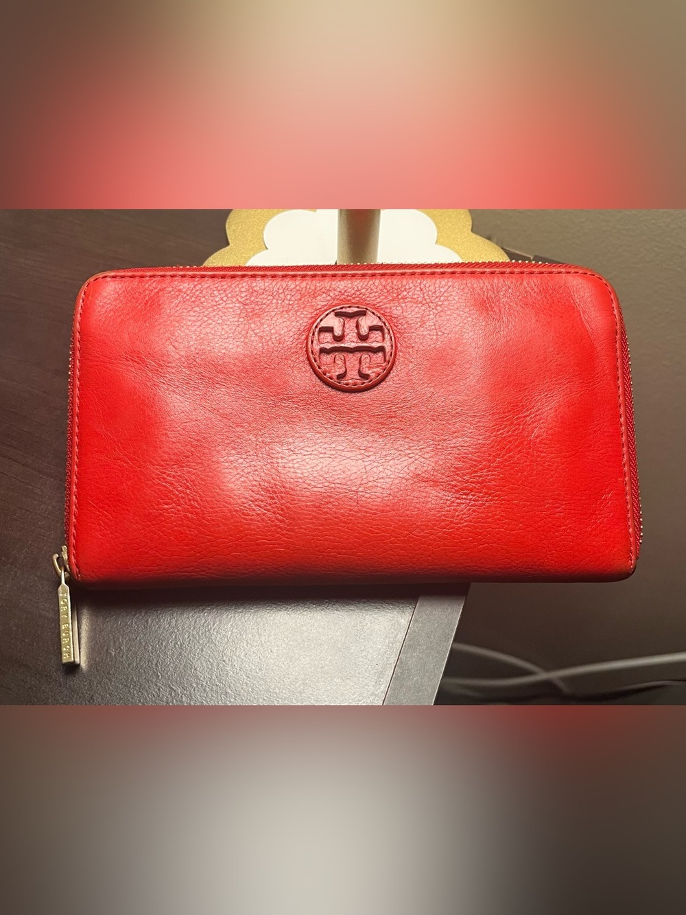 Tory Burch Red Leather Continental  Zip Wallet Retired .  used condition.